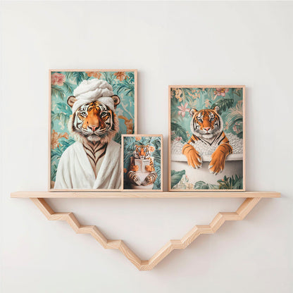 a shelf with two pictures of tigers on it