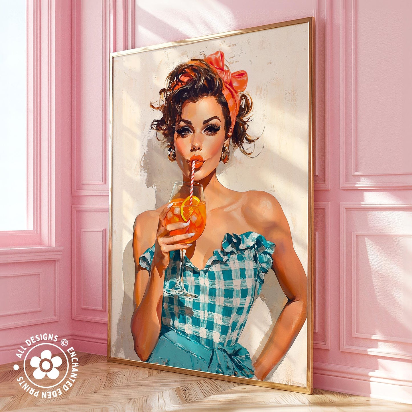 A framed painting of a woman in a blue and white checkered dress, holding a glass of orange juice and wearing a red headband.