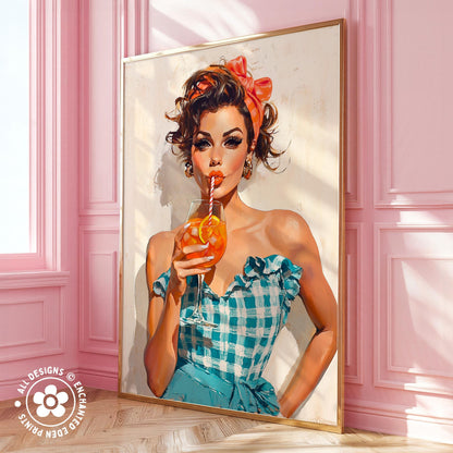 A framed painting of a woman in a blue and white checkered dress, holding a glass of orange juice and wearing a red headband.