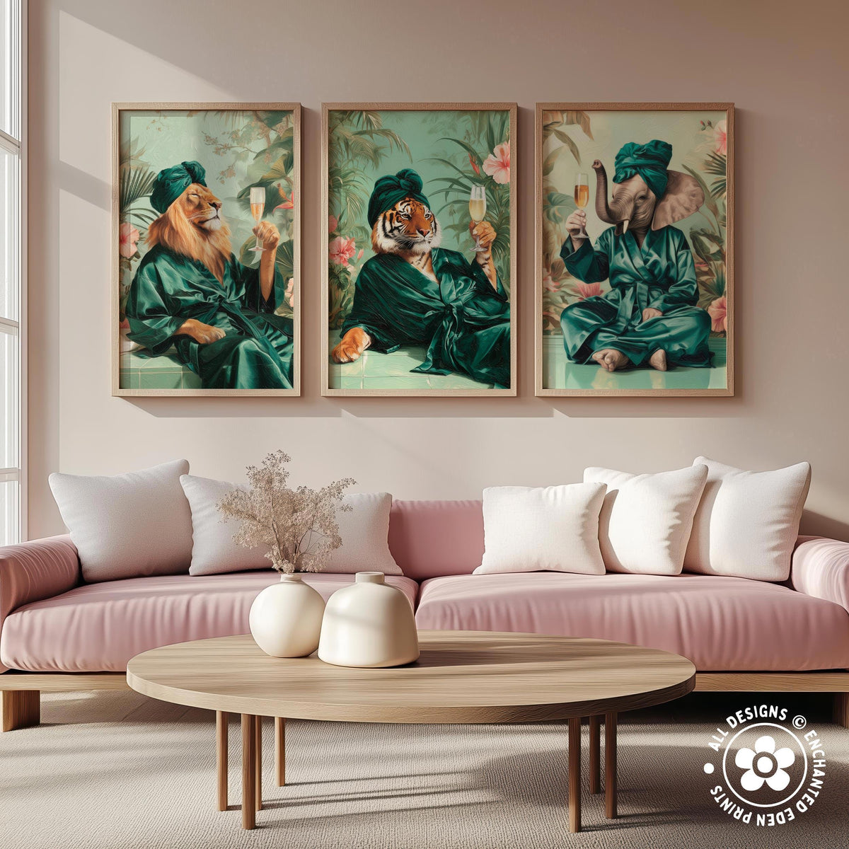 a living room with a pink sofa and a wooden coffee table. Above the sofa, there are three framed paintings depicting animals in green robes, each holding a wine glass.