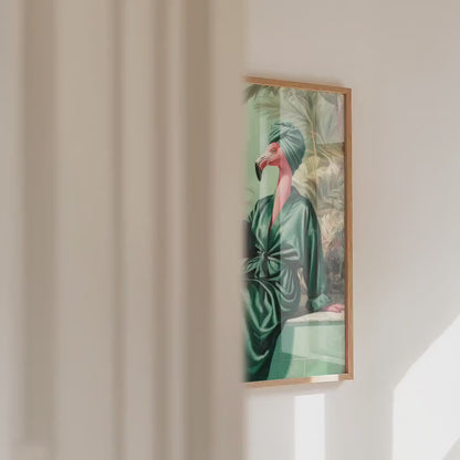 Funny Flamingo in Robe Print: Green Maximalist & Jungle Safari Home Decor