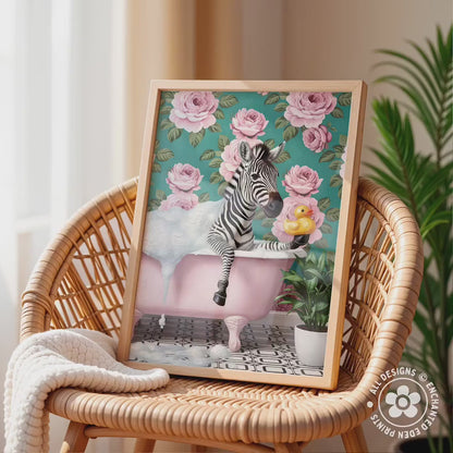Funny Zebra in Bathtub Poster – Quirky Bathroom Wall Art