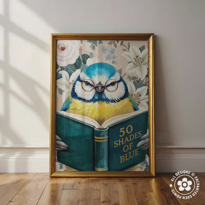 Funny Blue Tit Reading Book Art – Quirky Bird Lover Wall Decor