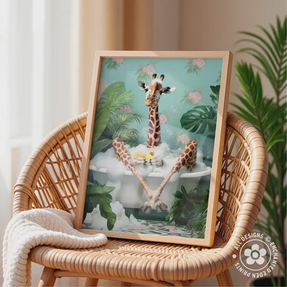 Funny Giraffe in Bath Tub Poster – Tropical Bathroom Wall Art
