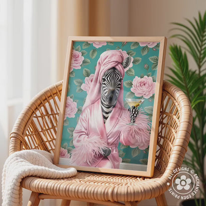 Funny Zebra in Robe Poster – Glam Bathroom & Bar Wall Art