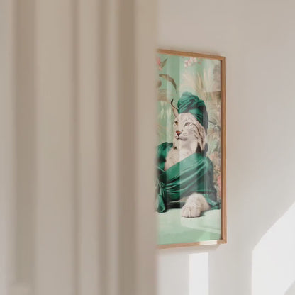 White Iberian Lynx in Robe Print: Green Maximalist & Jungle Safari Home Decor