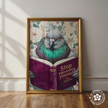 Funny Pigeon Reading Book Art – Quirky Bird Lover Wall Decor