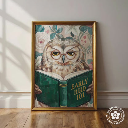 Funny Owl Reading Book Art – Quirky Bird Lover Wall Decor