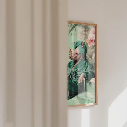 Funny Rhino in Robe Print: Green Maximalist & Jungle Safari Home Decor