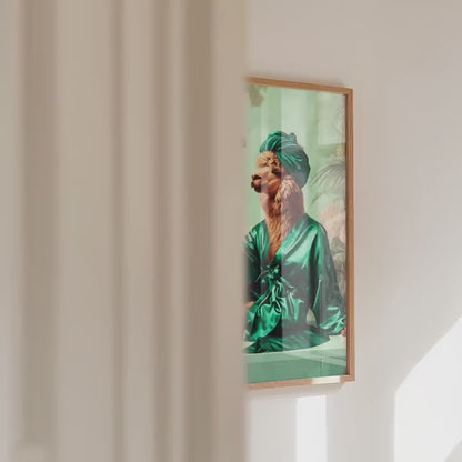 Funny Alpaca in Robe Print: Green Maximalist & Jungle Safari Home Decor
