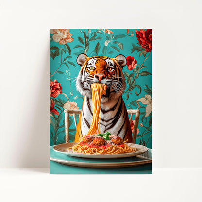 Funny Tiger Eating Spaghetti Print – Maximalist Kitchen Wall Art
